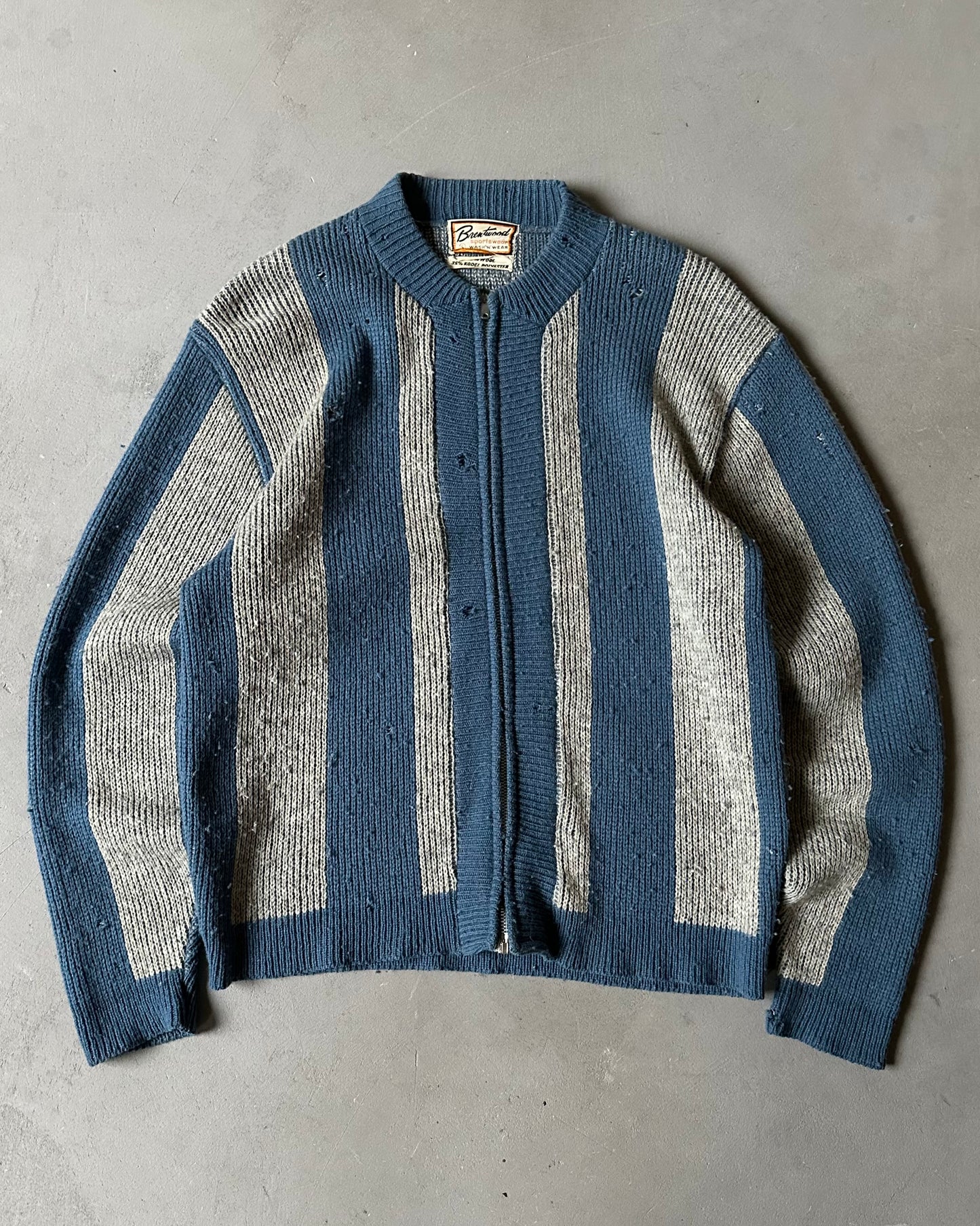 1960s - Distressed Blue/Grey Striped Zip Sweater - M
