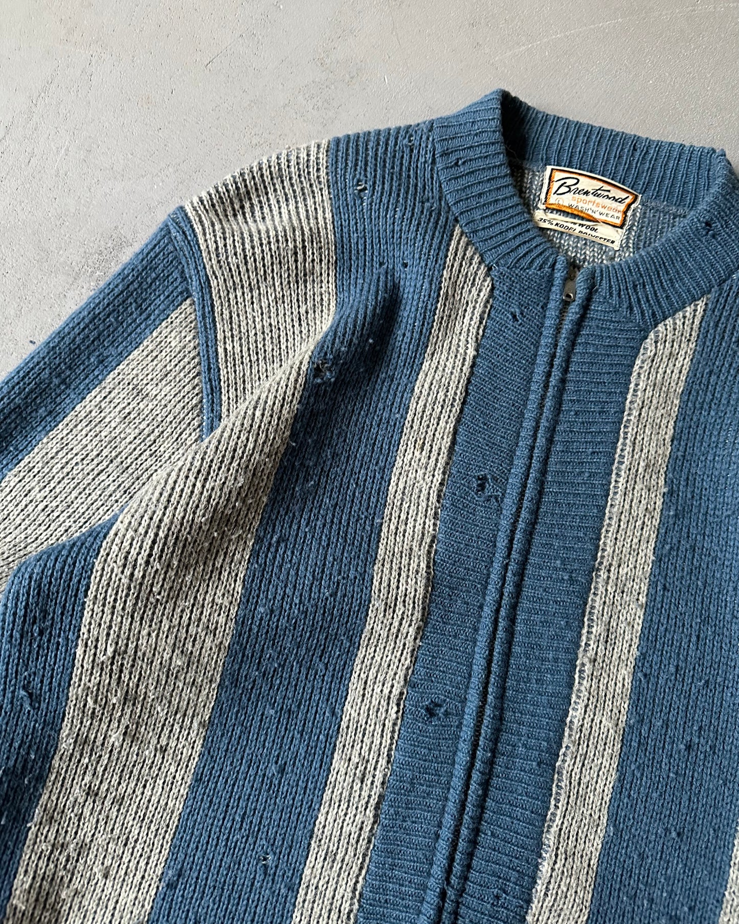 1960s - Distressed Blue/Grey Striped Zip Sweater - M