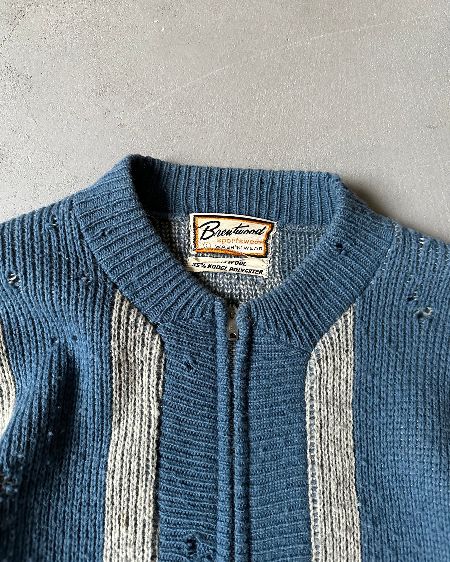1960s - Distressed Blue/Grey Striped Zip Sweater - M