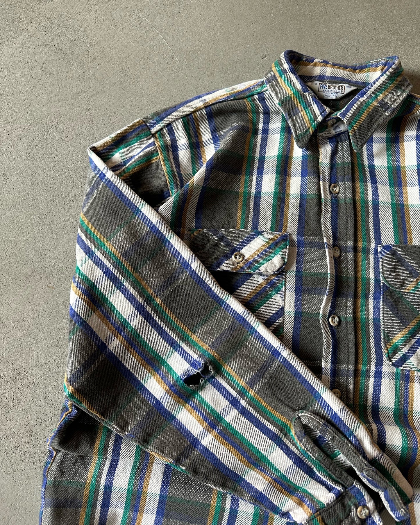 1990s - Distressed Grey/Green Plaid Flannel - XL