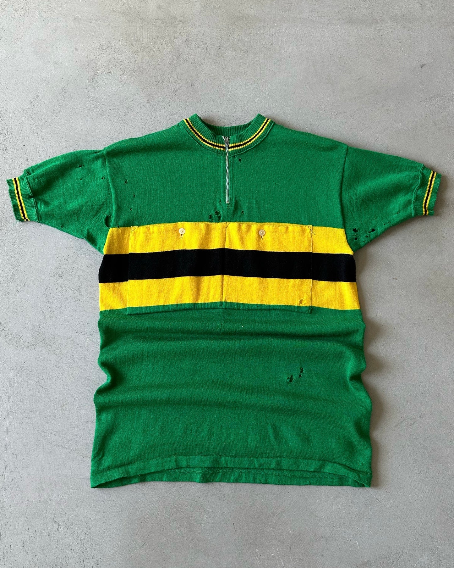 1960s - Distressed Green/Yellow Cycling Jersey - S