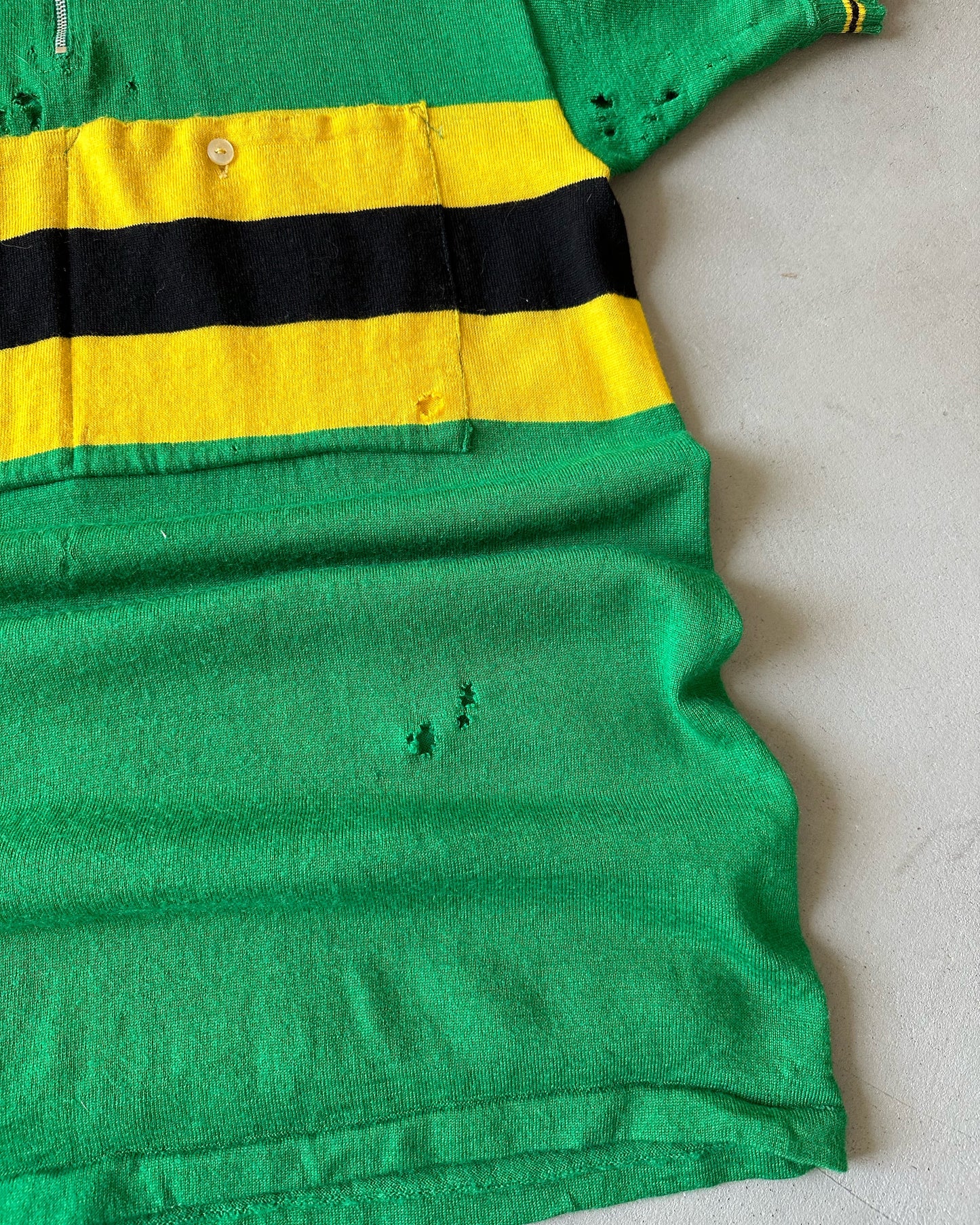 1960s - Distressed Green/Yellow Cycling Jersey - S