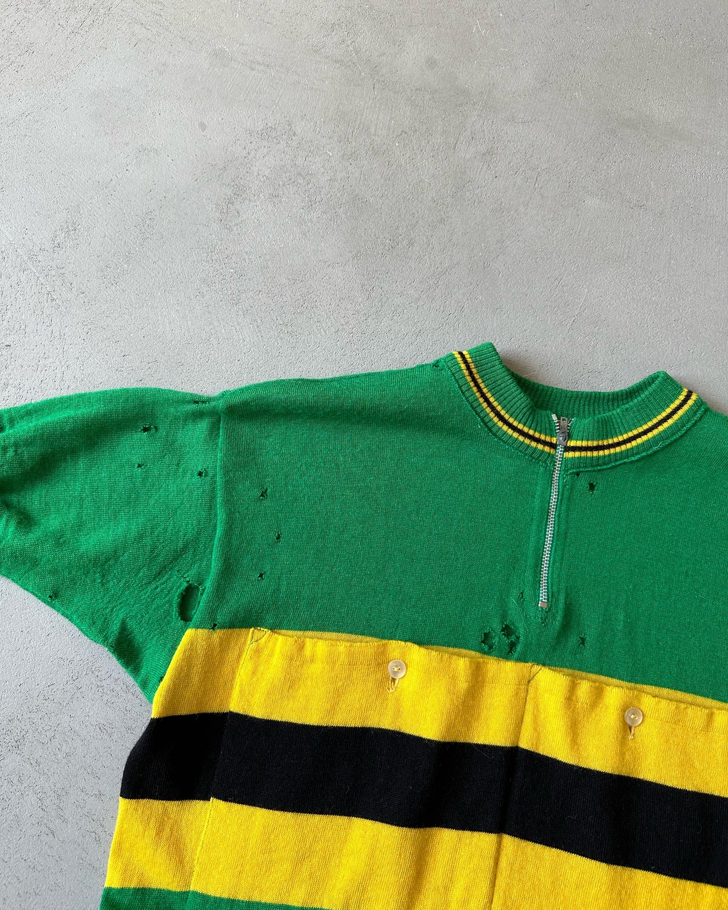 1960s - Distressed Green/Yellow Cycling Jersey - S