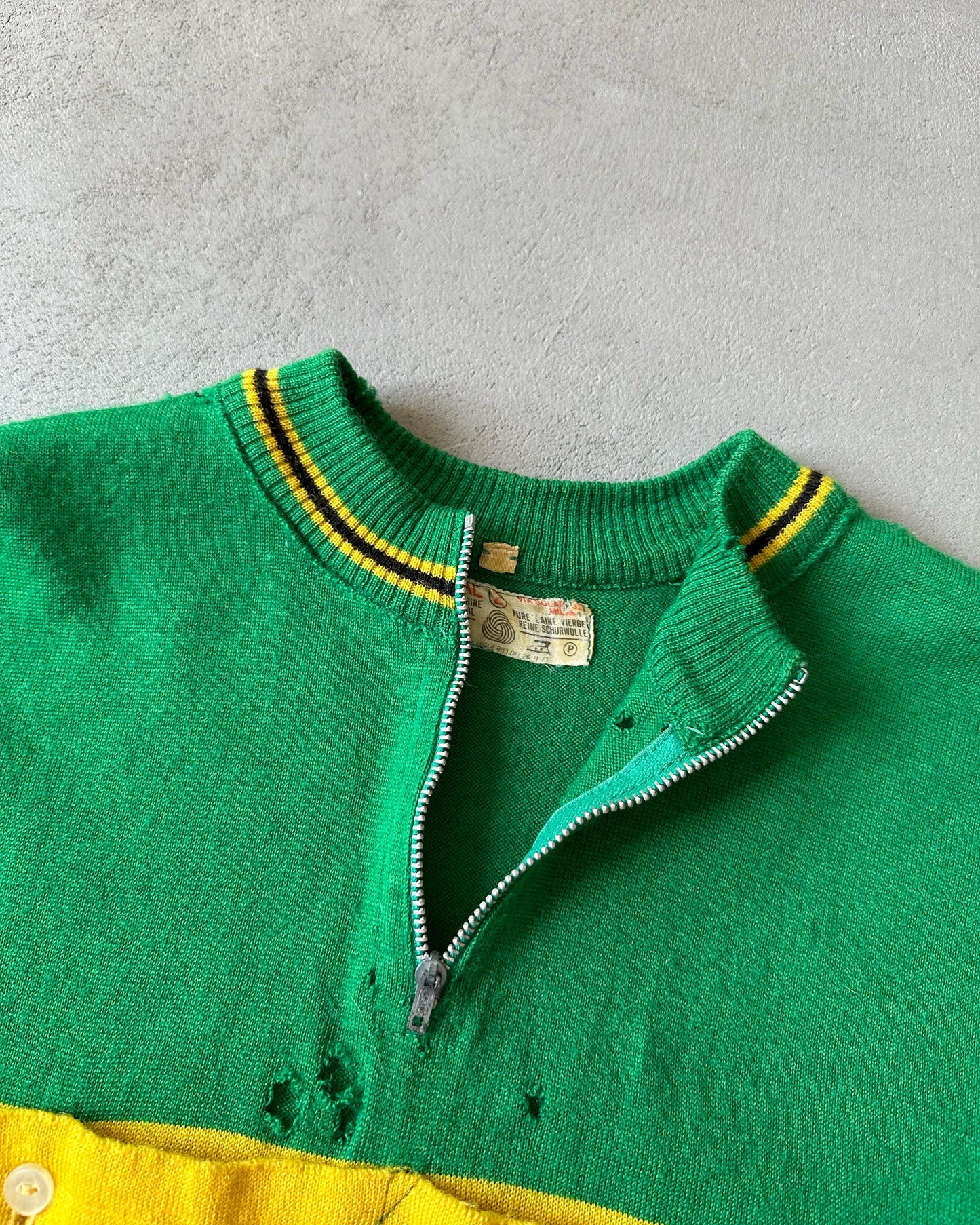 1960s - Distressed Green/Yellow Cycling Jersey - S
