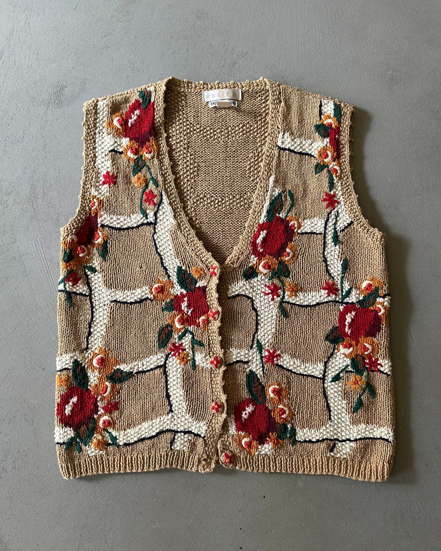 1990s - Tan/Red Floral Hand Knit Women's Sweater Vest - (W)L