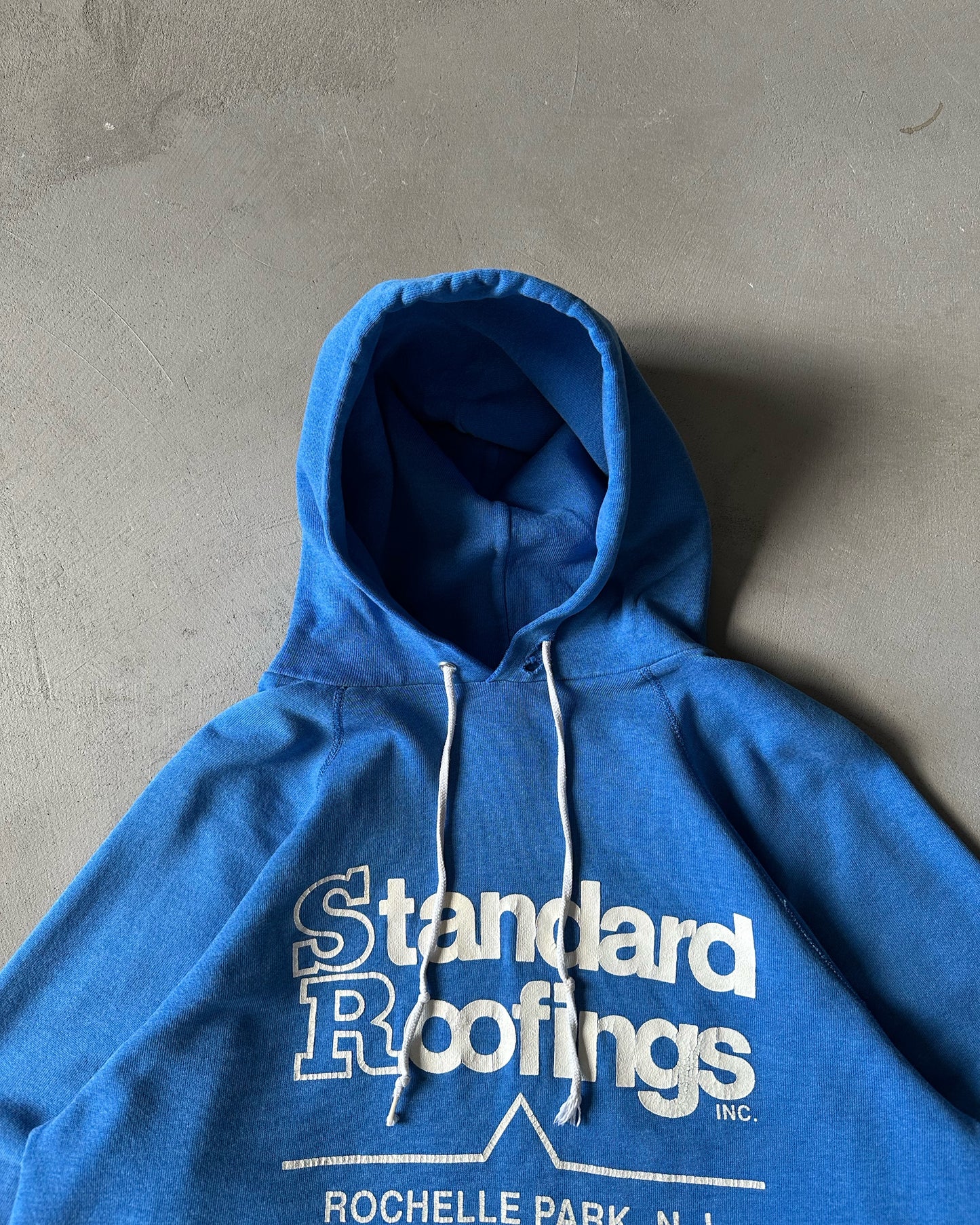 1980s - Distressed Blue "Standard Roofings" Hoodie - L