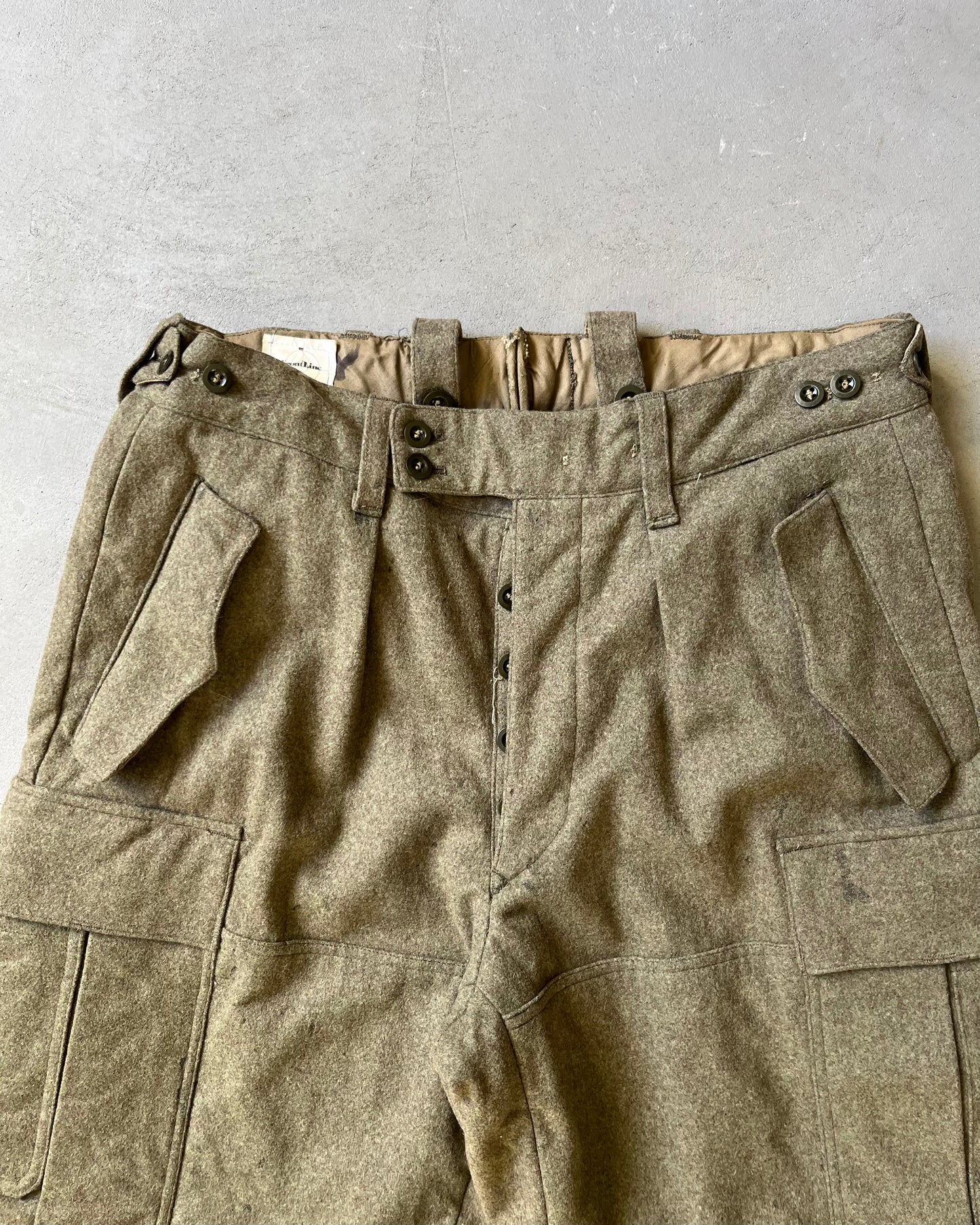 Années 90 - Pantalon Cargo Allemand en Laine Verte Vieillie - 31x30