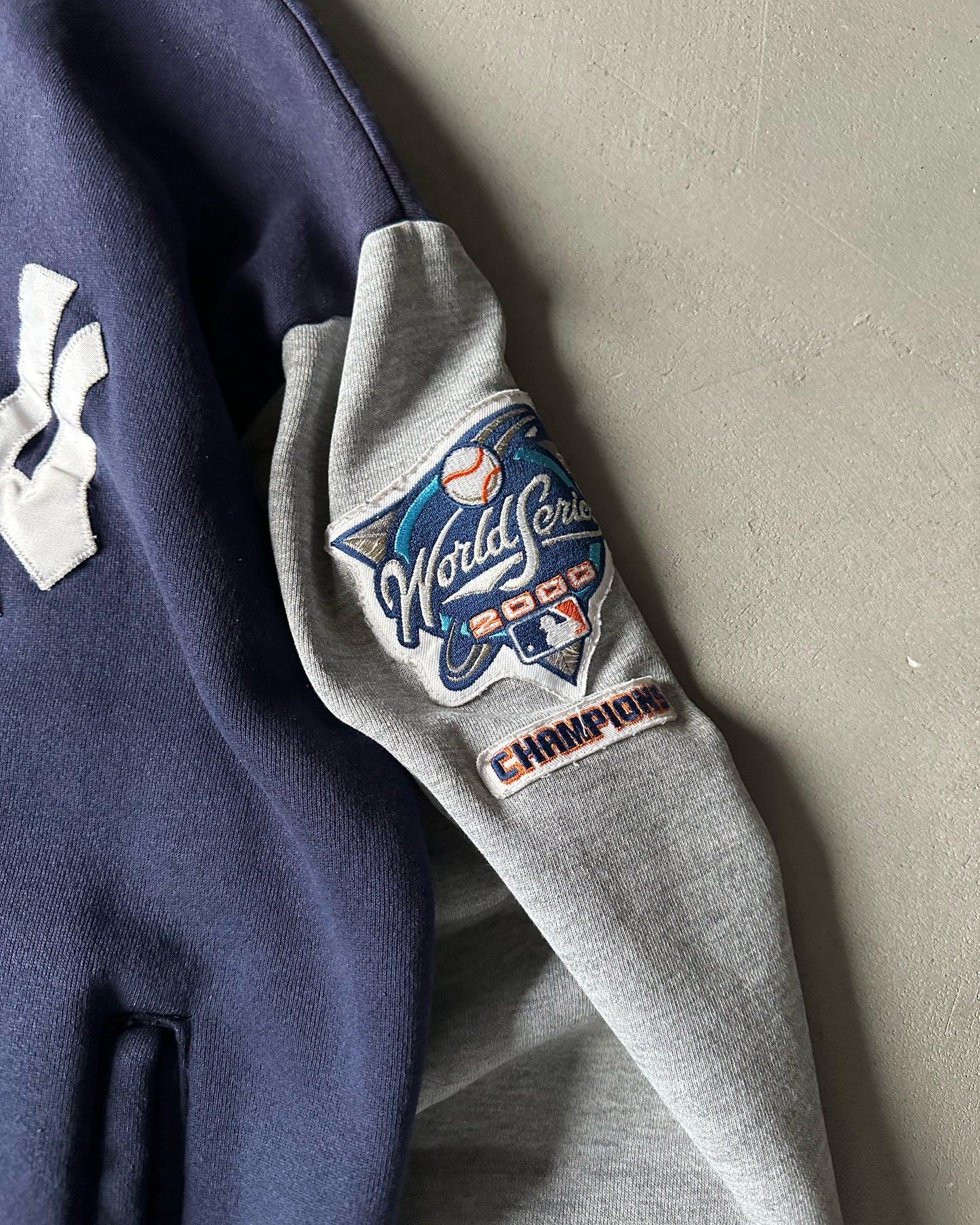 2000s - Distressed Navy/Grey Yankees Varsity Sweatshirt - XL