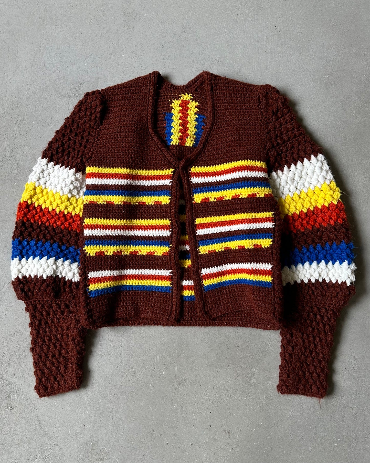 1970s - Brown/Yellow Hand Knit Women's Cardigan - (W)S