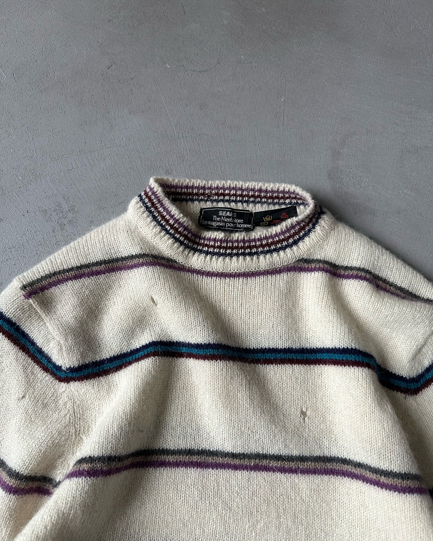 1990s - Distressed Cream/Blue Striped Wool Sweater - S