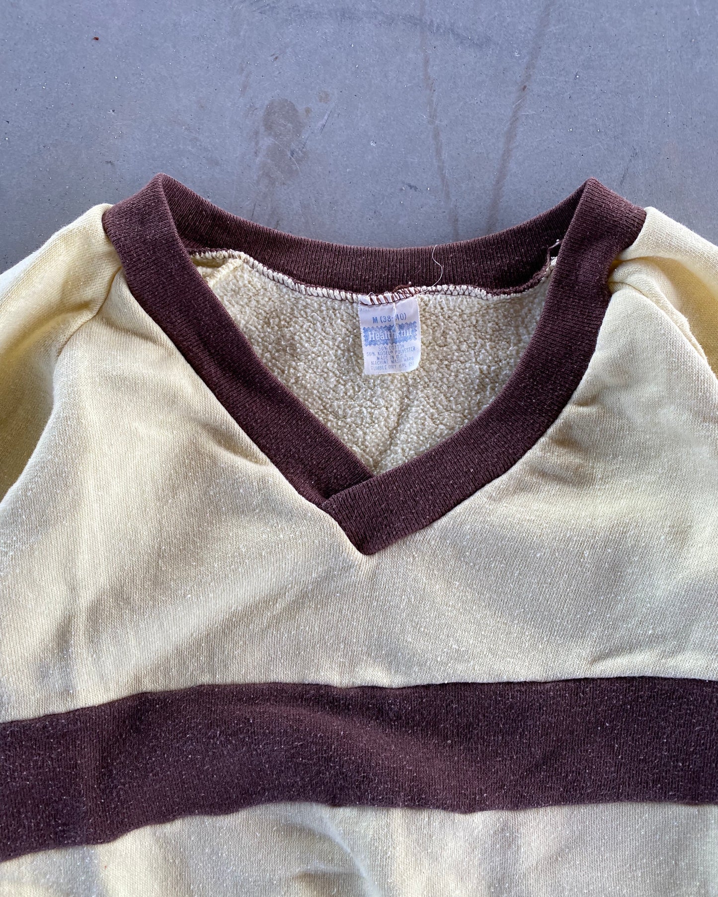 1970s - Yellow/Brown Striped V-Neck Sweatshirt - XS