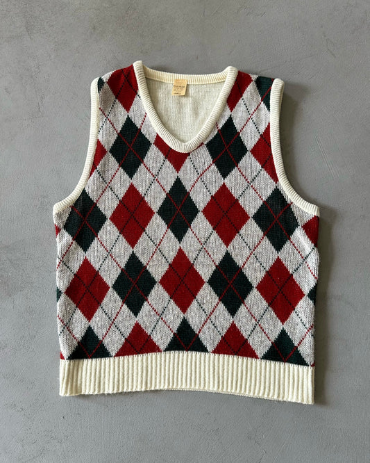 1960s - Cream/Red Argyle Acrylic Sweater Vest - M