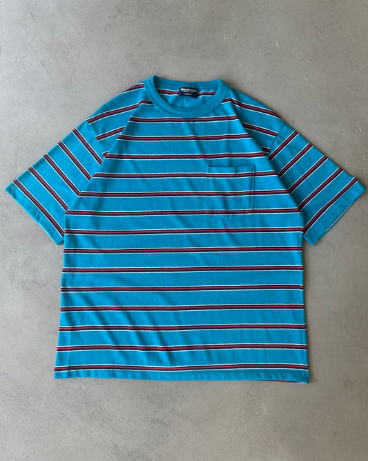 1980s - Blue/Red Striped Pocket T-Shirt - L