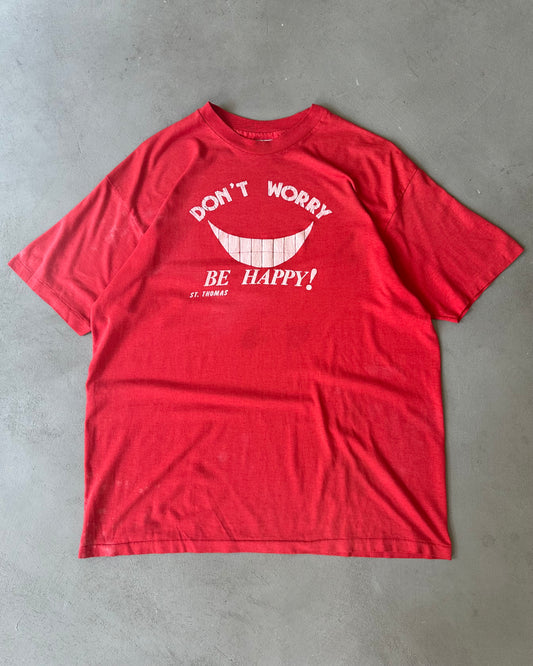 1990s - Distressed Red "Don't Worry Be Happy" T-Shirt - XL