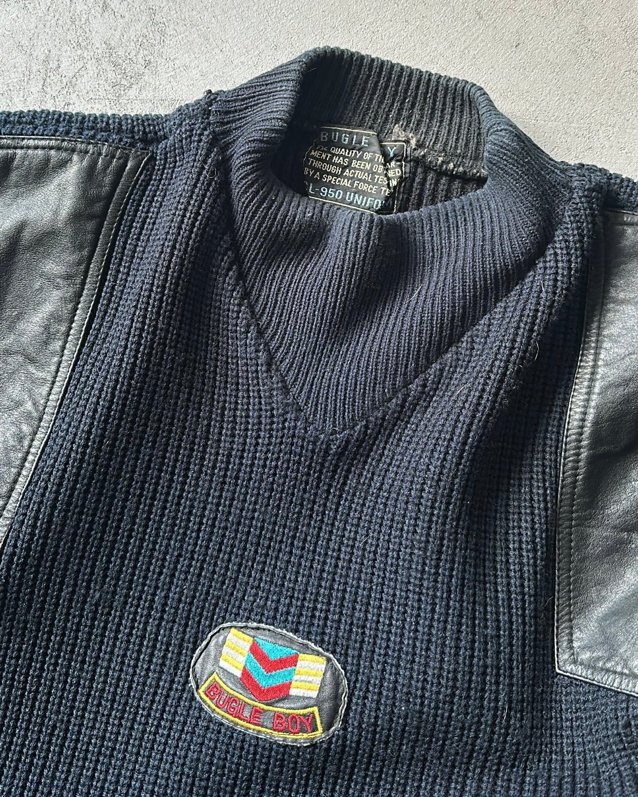 1980s - Dark Navy/Black Bugle Boy Leather Appliqué Sweater - M