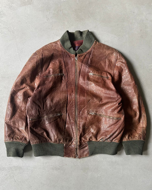 1990s - Brown/Green Bomber Leather Jacket - XL