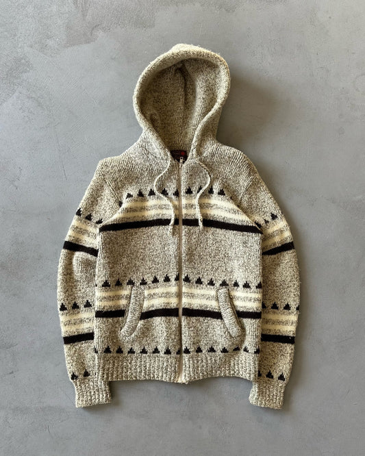 1980s - Cream/Brown Nordic Wool Hooded Sweater - S