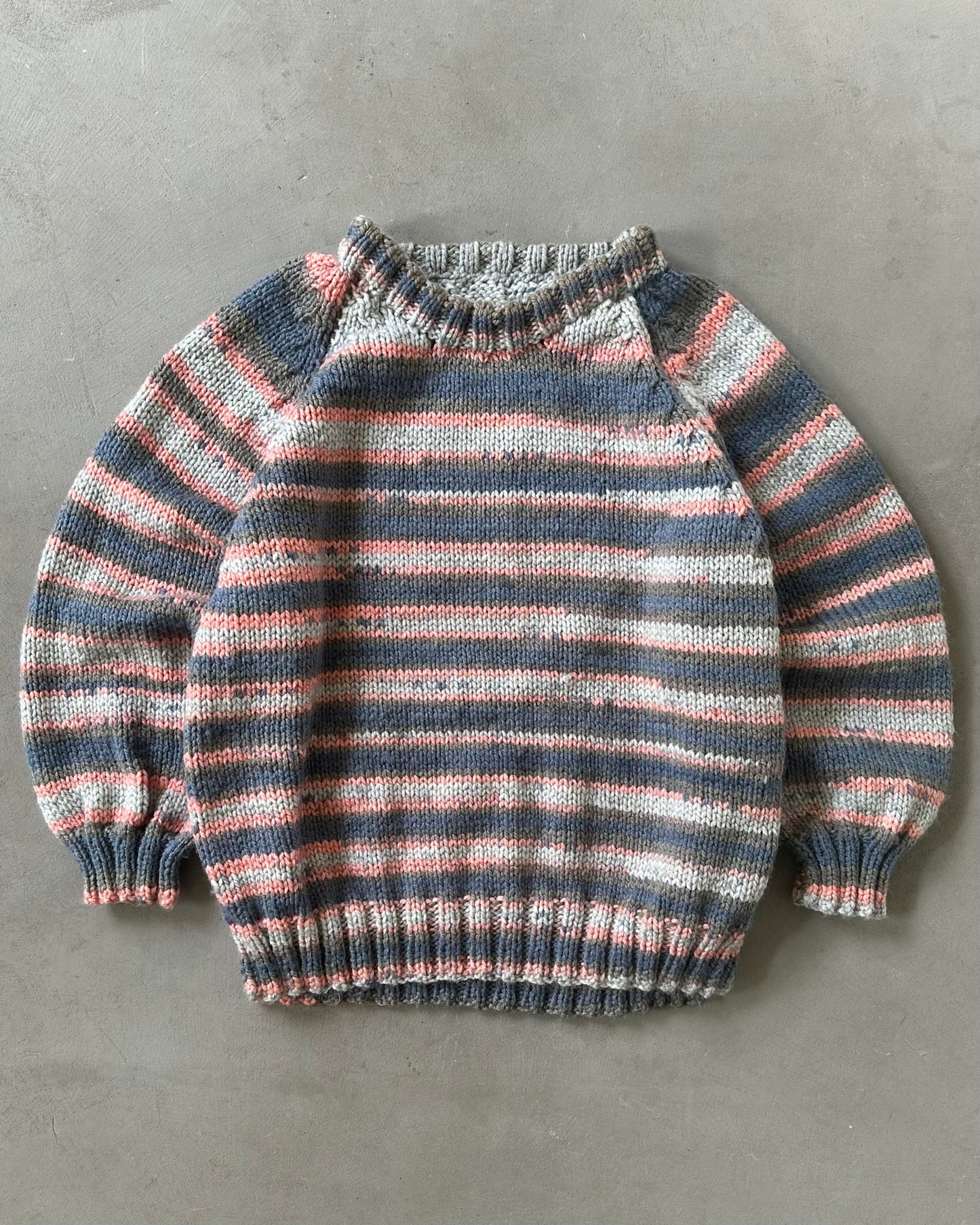 Années 80 - Pull tricoté main rayé bleu/rose - XL