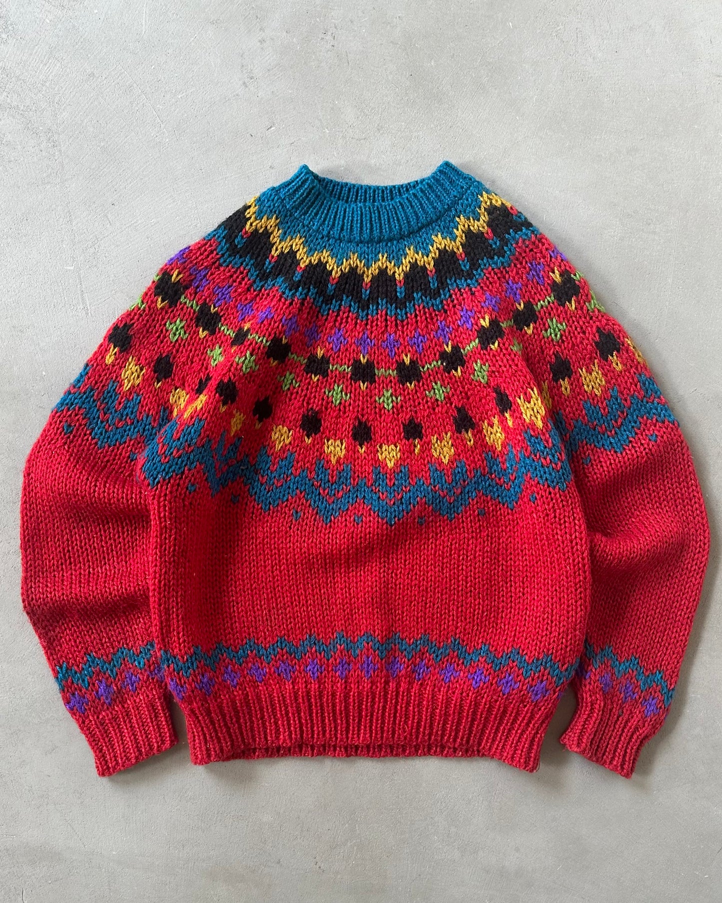 Années 90 - Pull nordique Rouge/Bleu sarcelle - (F)L