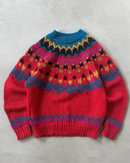Années 90 - Pull nordique Rouge/Bleu sarcelle - (F)L