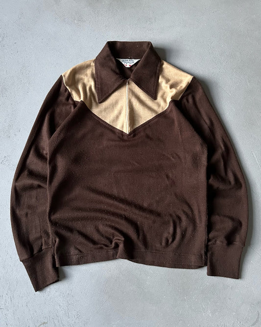 1970s - Brown/Beige 1/4 Zip Women's Knit Polo - (W)M