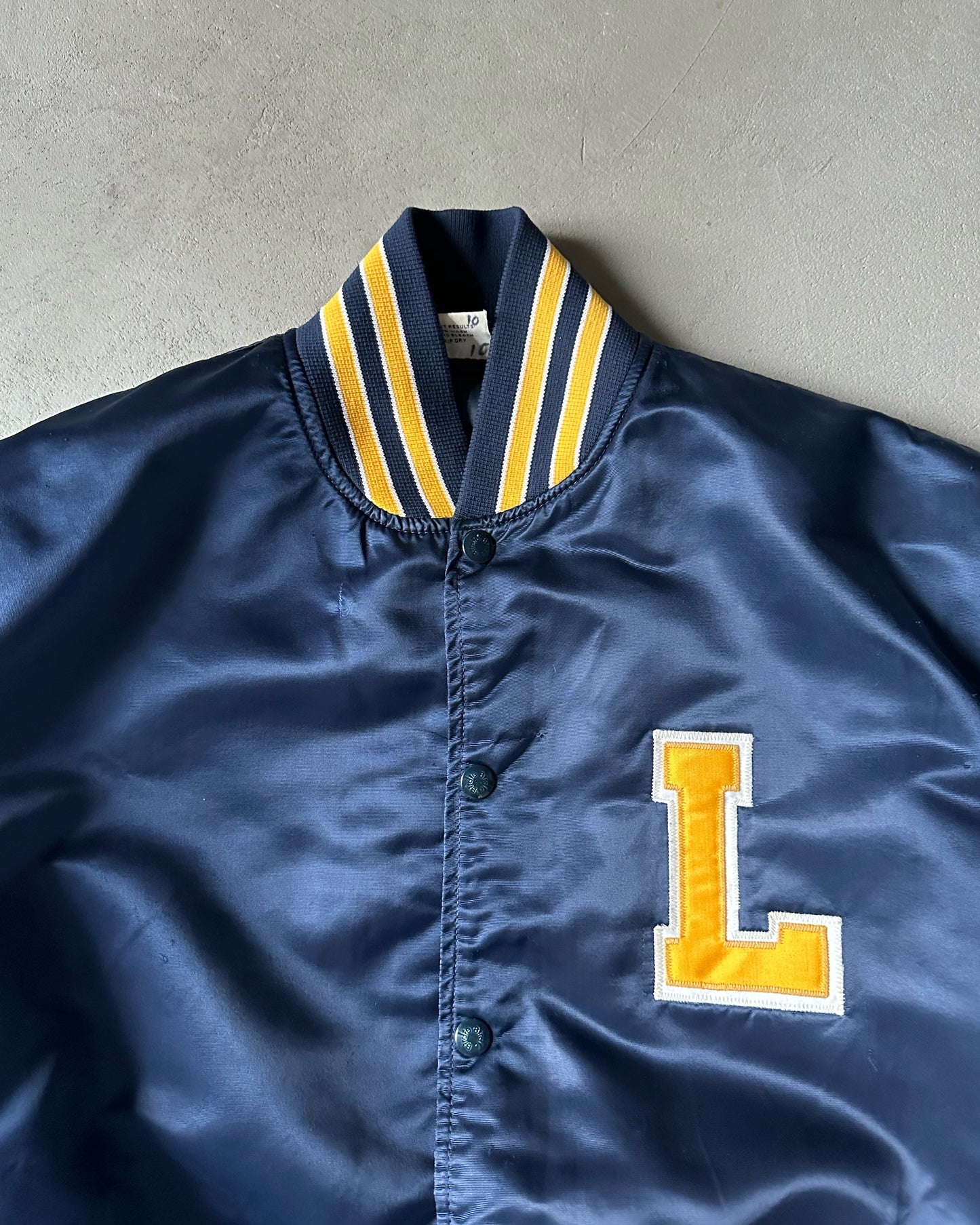 1980s - Navy/Yellow "L" Cropped Satin Bomber Jacket - M/L