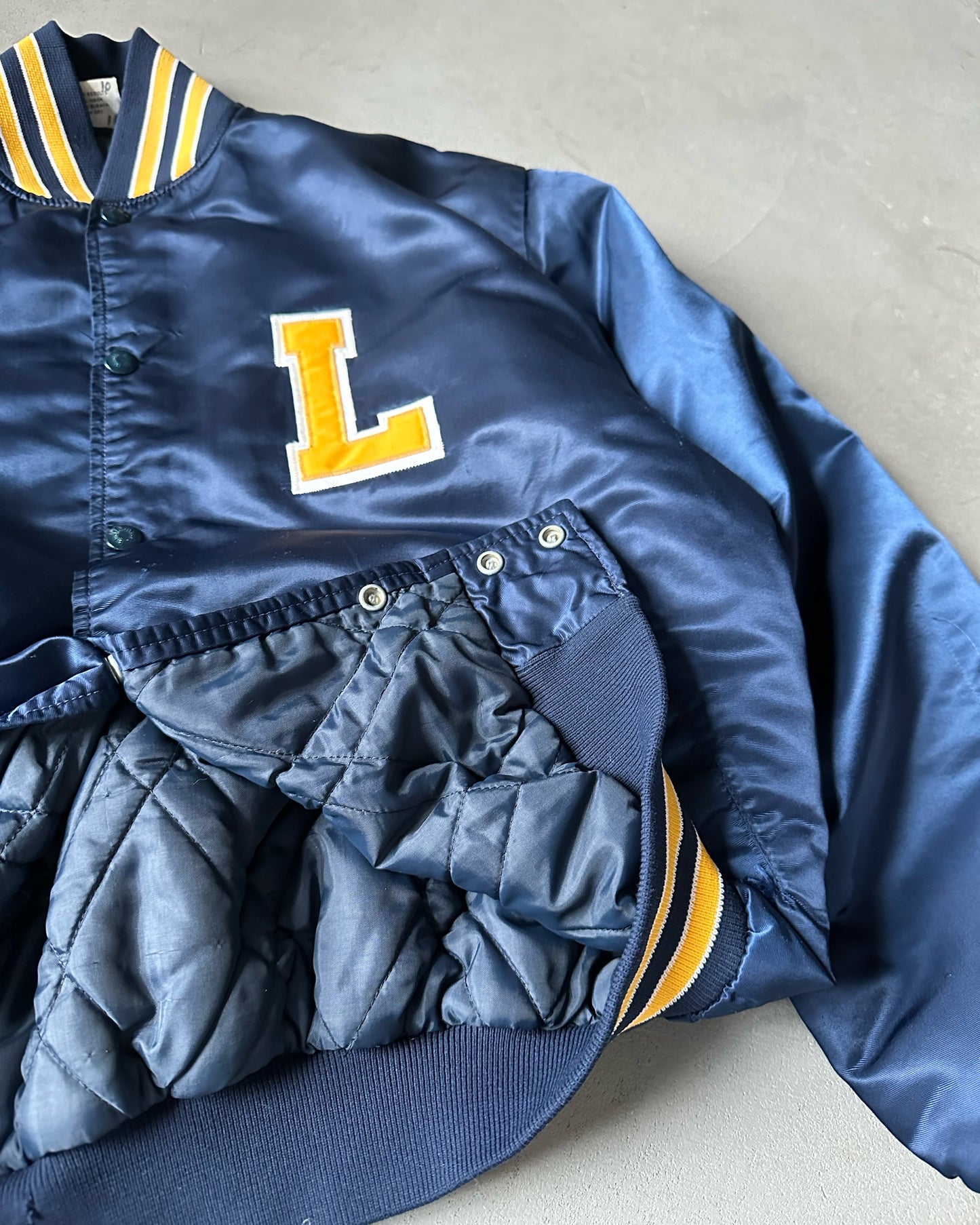 1980s - Navy/Yellow "L" Cropped Satin Bomber Jacket - M/L