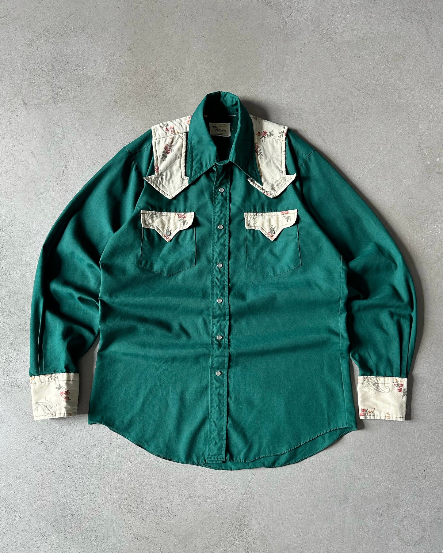 1970s - Green Pearl Snap Shirt - M(Long)