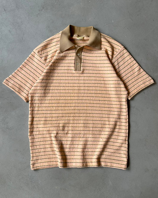 1970s - Peach/Yellow Striped Textured Polo - L