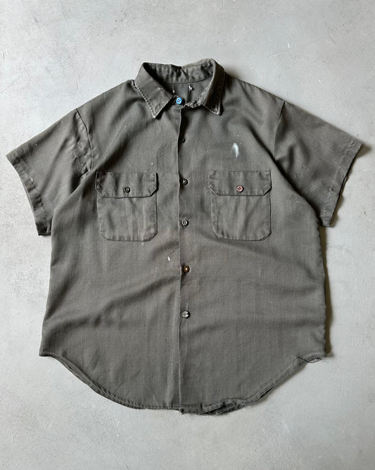 1960s - Distressed Dark Olive Work Shirt - L