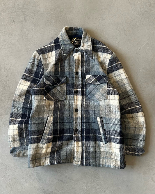 1970s - Blue/Cream Plaid Wool Lined Shacket - L