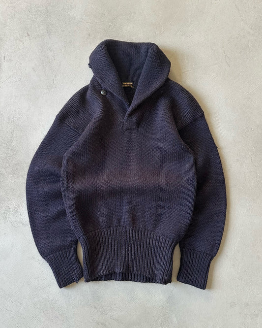 1950s - Distressed Navy Shawl Sweater - S