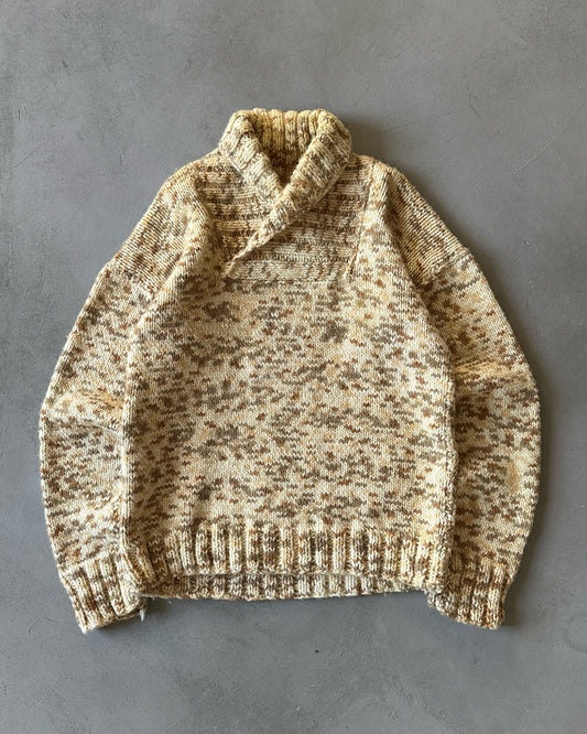 1980s - Oatmeal Hand Knit Shawl Sweater - L