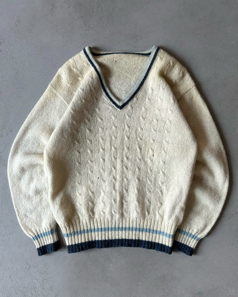 1980s - Cream/Navy Cableknit Wool Sweater - S/M