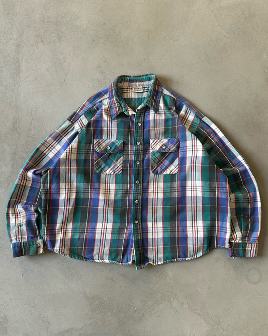 1990s - Distressed Blue/Green FiveBrother Plaid Flannel - XXL