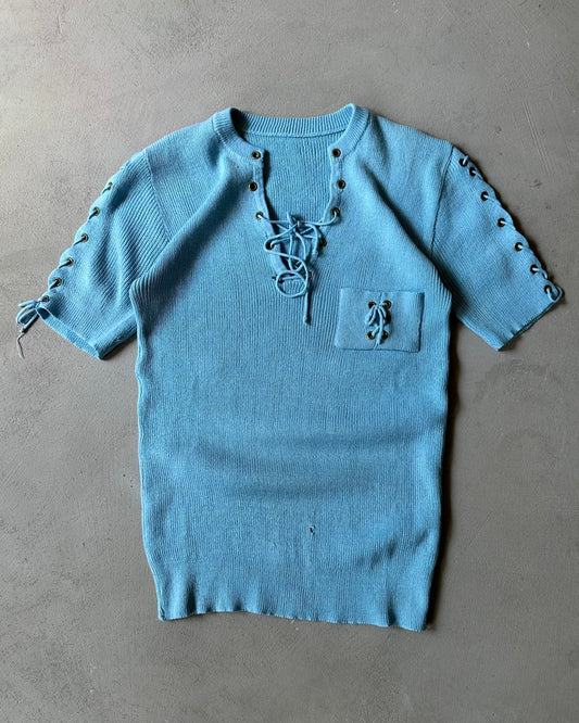 1970s - Distressed Light Blue Women’s Lace Knit T-Shirt - (W)S