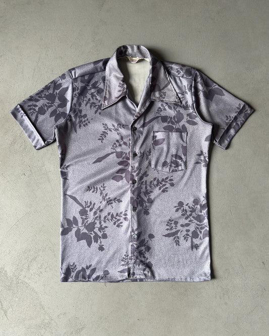 1970s - Grey Floral Disco Shirt - S/M