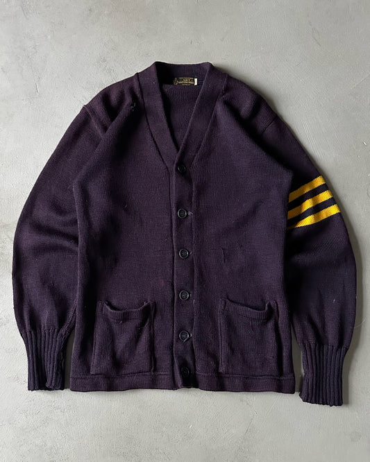 1960s - Distressed Dark Purple Letterman Cardigan - S