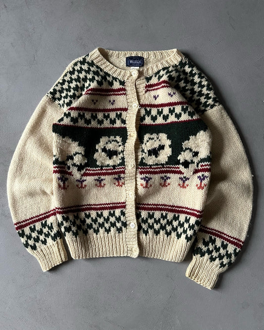 1990s - Distressed Cream/Green Woolrich "Sheep" Cardigan - (W)S