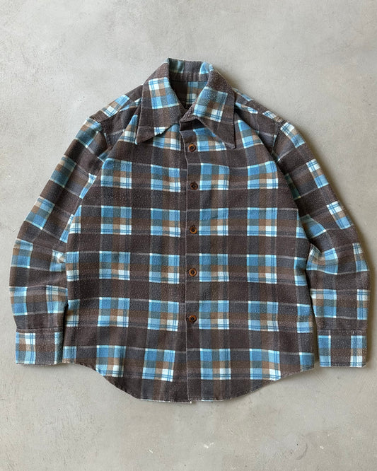 1970s - Brown/Blue Handmade Plaid Flannel - M