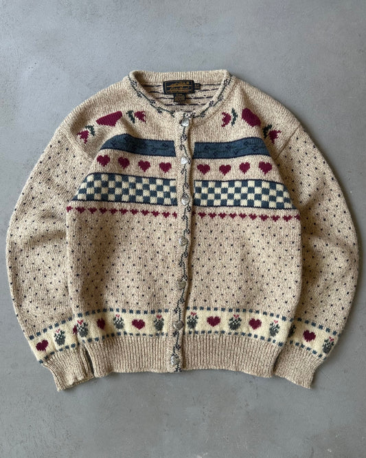 1990s - Tan Eddie Bauer Heart Women’s Cardigan - (W)S