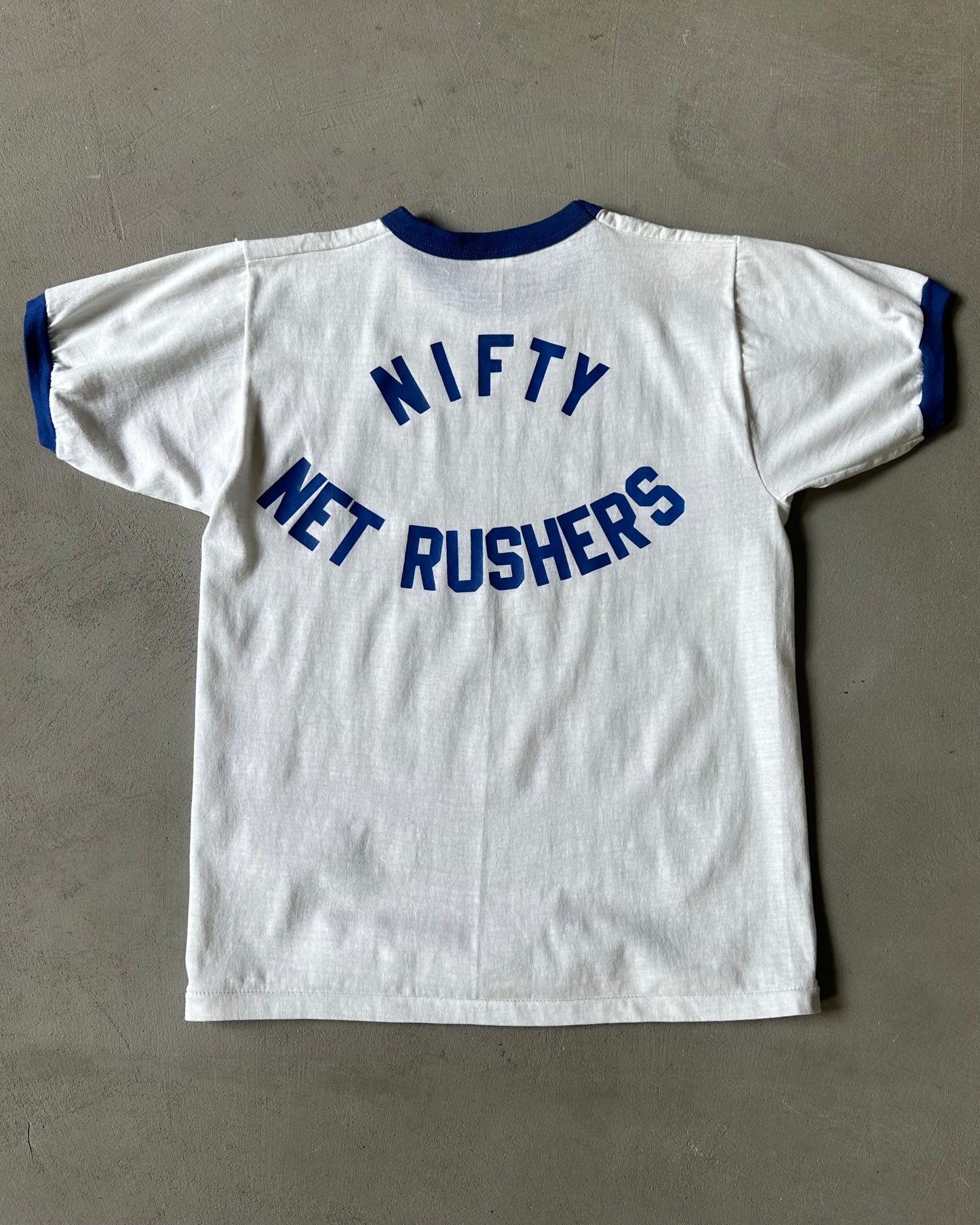 Années 70 - T-shirt Ringer Nifty Net Rushers Blanc/Bleu - S