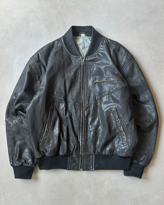 1980s - Distressed Black Leather Bomber Jacket - M