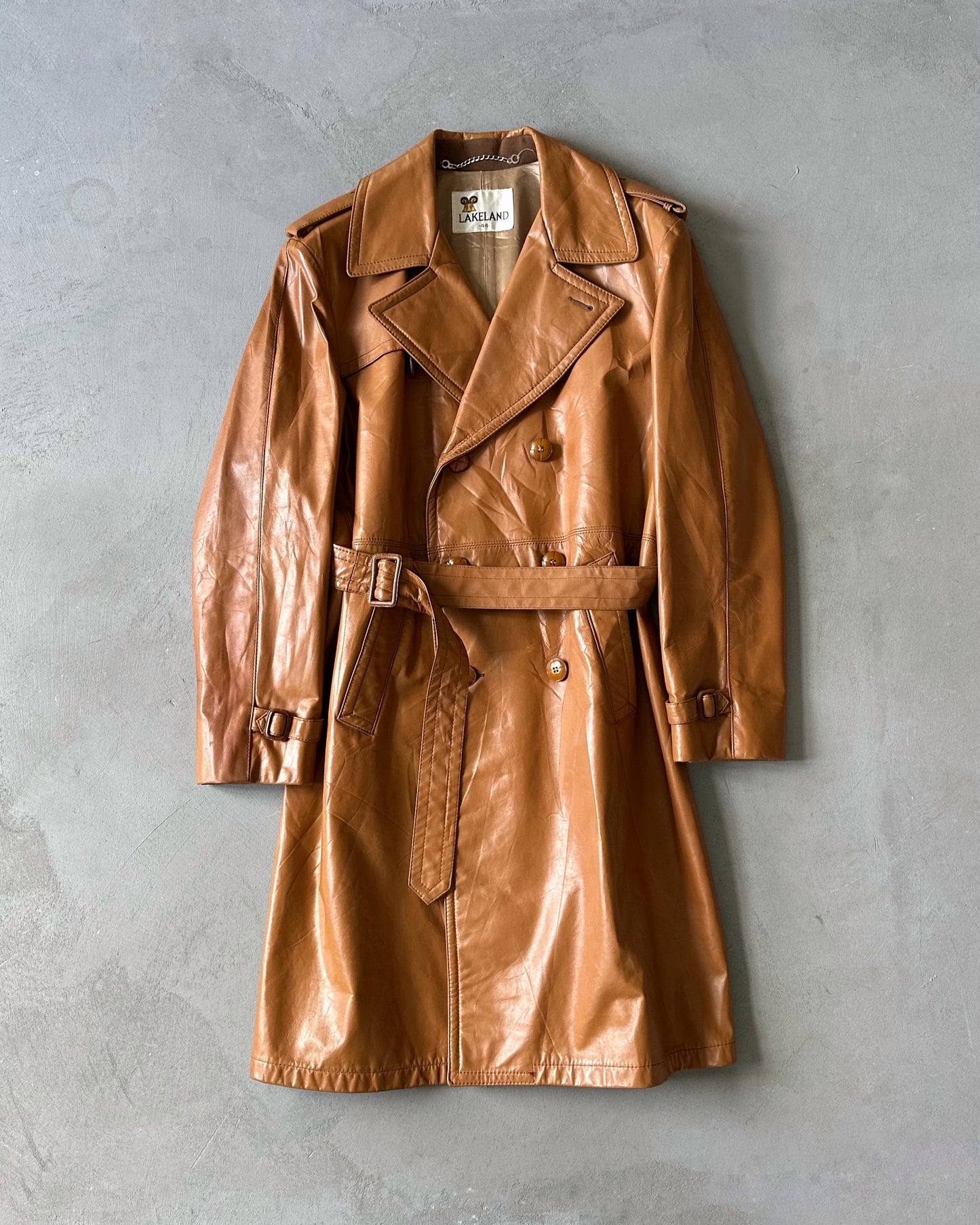 1980s - Caramel Leather Trench Coat - 44