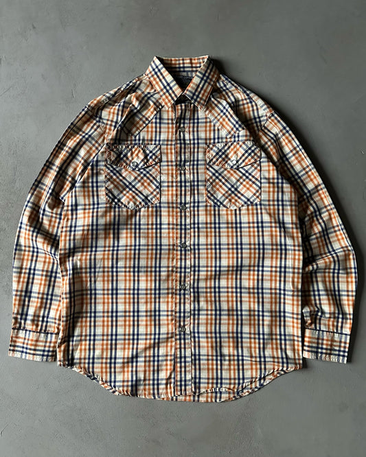 1980s - Orange/Navy Plaid Pearl Snap Shirt - M