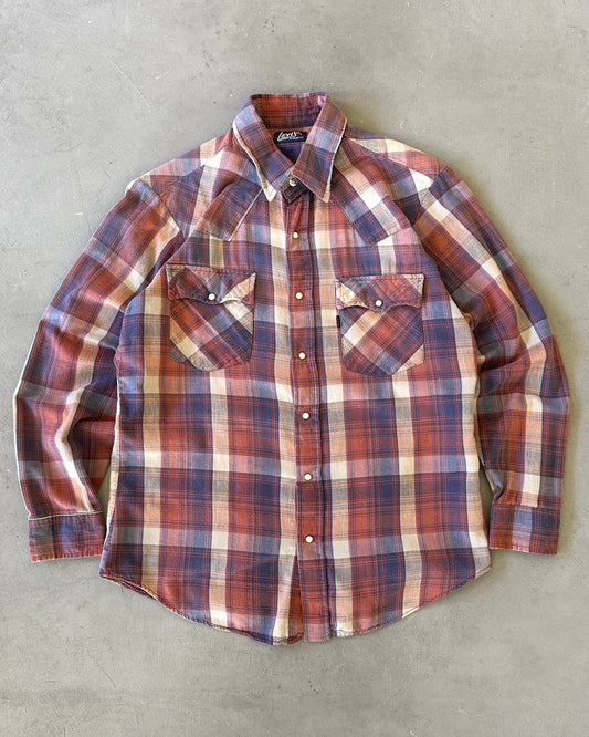 1980s - Blue/Orange Levi’s Plaid Pearl Snap Shirt - M