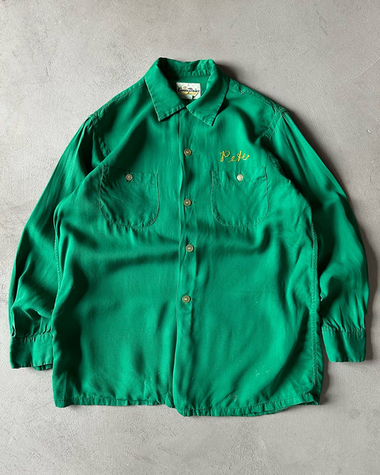 1970s - Distressed Green "Ferncroft Alleys" Loop Collar Shirt - S