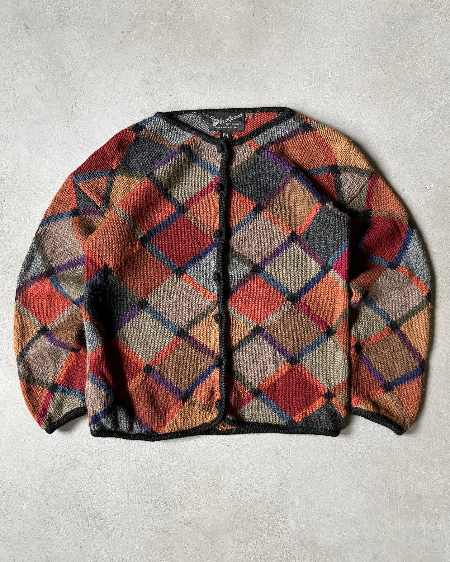 1990s - Burgundy/Green Mosaic Alpaca Cardigan - (W)M