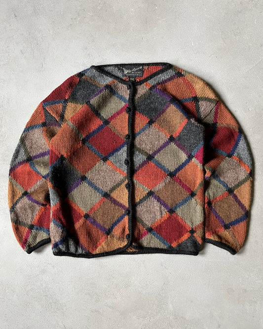 1990s - Burgundy/Green Mosaic Alpaca Cardigan - (W)M