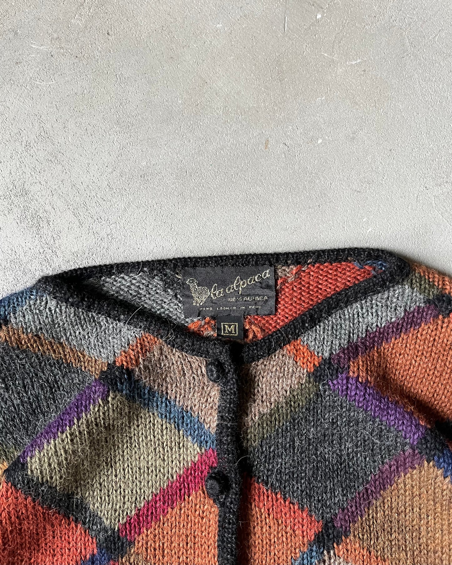 1990s - Burgundy/Green Mosaic Alpaca Cardigan - (W)M